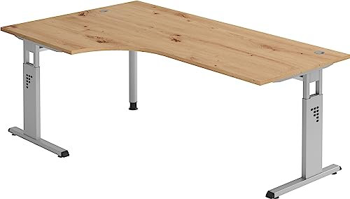 Bümö höhenverstellbarer Eckschreibtisch O-Serie 200x120 cm in Asteiche, Gestell in Silber - Schreibtisch L Form, großer Tisch für's Büro, Computertisch höhenverstellbar