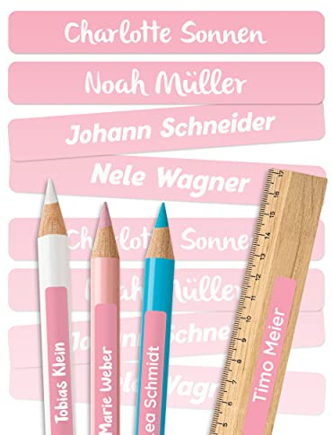 melu kids® Namensaufkleber Kinder für Schule & Kita (150 Stück) - Personalisierte Aufkleber mit Namen für Stifte und Schulsachen - Wasserfest in Spülmaschine - Rosa