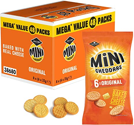 Mini Cheddars Snacks Bulk - Mega Value Box of 48 x 23g Original Cheddar Biscuits Baked with Real Cheese. Bar Snacks for Home Pub, Birthday Party Food or Lunchbox Snacks with Topline Card.