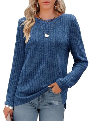 Odosalii Womens Tops Crewneck Long Sleeve Jumper Shirts Pullover Sweaters | Casual Striped Ribbed Side Split Comfy Solid Color Jumpers