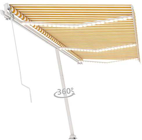 Gelenkarmmarkise Einziehbar mit LED, LAPOOH Sichtschutz Balkon, Seitenmarkise, Balkon Markise, Klemmmarkise, Sonnenvorhang, Balkonmarkisen, 600x350 cm Gelb und Weiß