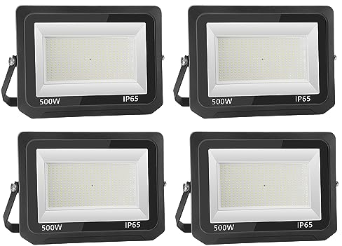 Royana 4er 500W LED Strahler Außen, 50000LM Superhell LED Strahler, 6000K Kaltweiß LED Scheinwerfer Außen, IP65 Wasserfest LED Fluter Außenstrahler für Sportplatz, Garage,Garten,Hinterhof