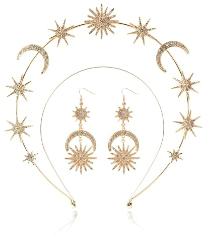 Moguri® Halo Krone,Sterne Kristall Göttin Stirnband mit Ohrringen Metall Halo Headpiece Himmlische Kronen Tiaras für Frauen Braut Hochzeit Kostüm Cosplay Party Göttin Zubehör