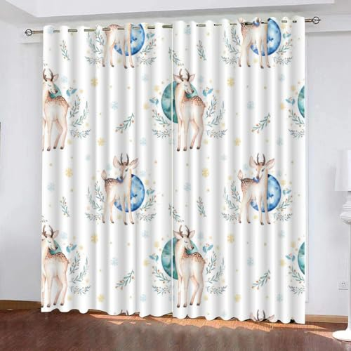 XPINGO 3D Weihnachten Vorhänge mit ösen 2er Set B 150 X H 166 cm Hirsche Gardinen Blickdicht Kälteschutz Schallschutz Verdunkelung Wärmeisolierende Vorhang für Wohnzimmer Schlafzimmer