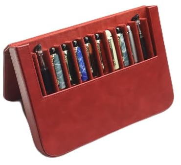 12Slots Leather Fountain Pen Case Collector Organizer - Handmade Pen Case Vintage Crazy Horse Print Leather Pen Protective Sleeve Cover Pen Storage Gift Box (Red)
