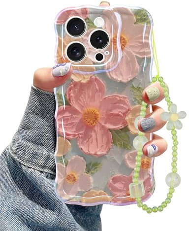Jusy Oil Painting Flower Compatible with iPhone 15 Pro Case, with Bracelet Chain, Colorful Retro Floral Cute Curly Wave Frame Women Girls - Green