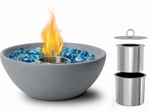 Onlyfire Camino a Bioetanolo da Tavolo, Caminetto Bioetanolo Rotonda da 25 cm in Cemento con Cuscinetto Antiscivolo, Fuocherello Portatile Senza Fumo per Esterni e Interni, Giardino, Grigio