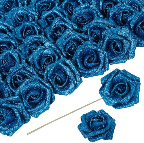 ICBOX Rose artificiali, 30 rose glitterate da 5,5 cm, in schiuma, con stelo, per fai da te, bouquet da sposa, feste, centrotavola (blu)