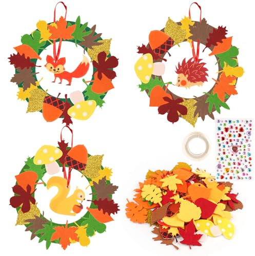 Deepton 128 Stück Herbst Bastelset für Kinder, Herbst Kranz Basteln Igel Fuchs bastelset, Filz Kränze Basteln kinder 3 4 6 jahre für DIY Halloween Weihnachten Erntedankfest, Hängend