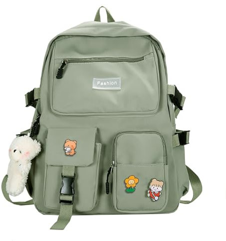 cotmcor Kawaii Rucksack für Mädchen, niedlicher ästhetischer Rucksack für Schule, Kawaii Büchertasche mit Pins Zubehör und Anhänger, Stil 3 – Grün (mit Lunchbox), Medium, Traditionelle Rucksäcke