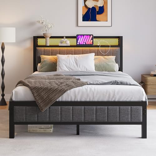 BORPHOM Double Bed Frame with Wooden Storage Headboard,Charging Station,LED Lights,Metal Platform Upholstered Bed Frame Double Bed with Strong Metal Slats No Box Spring Needed,Under Bed Storage,Grey