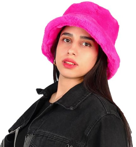 MILAKOO Winter Fuzzy Bucket Hat Cute Lovely Plüsch Pelz Fischer Cap Solid Farbe Dicke Warme Mütze für Frauen Rosenrot