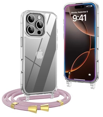 OLEPHY Crossbody Lanyard Case Compatible with iPhone 16 Pro with Strap, Necklace Mobile Phone Cover with Adjustable and Removable Neck Strap, Transparent Shockproof Protective Case, Rose Gold