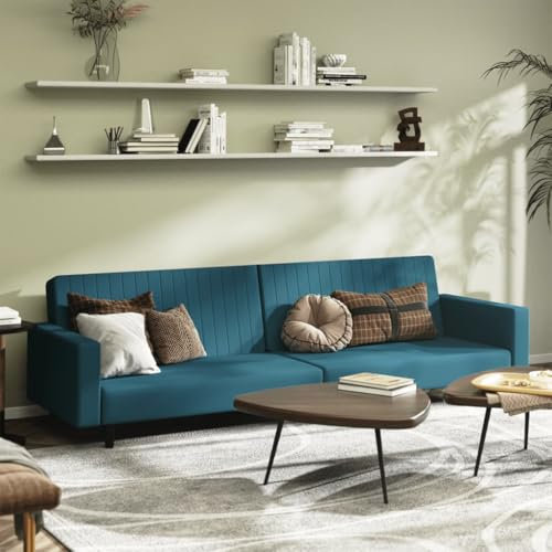Willood Schlafsofa 2-Sitzer Blau Samt Loungesofa Lounge Sitzmöbel Schlafcouch für Wohnzimmer Heimkino Büro, Gästebett mit Holzrahmen, Sofabett Tagesbett Couch Sofa Mit Armlehnen