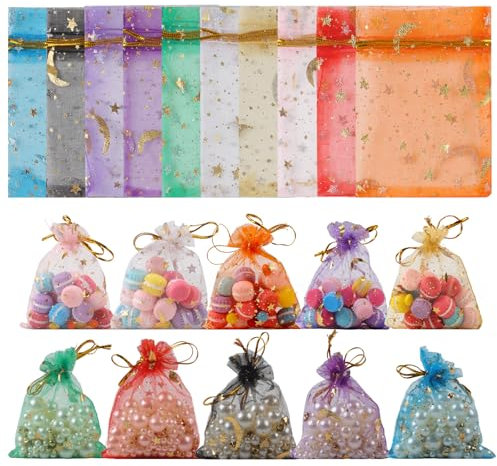 100 Stück Organzasäckchen Weihnachten, Säckchen zum Befüllen, Mond & Sternmotiven Geschenksäckchen, Geschenktüten Klein, Geschenkbeutel, Schmucksäckchen für Weihnachtsgeschenke, Festivals -7X9cm
