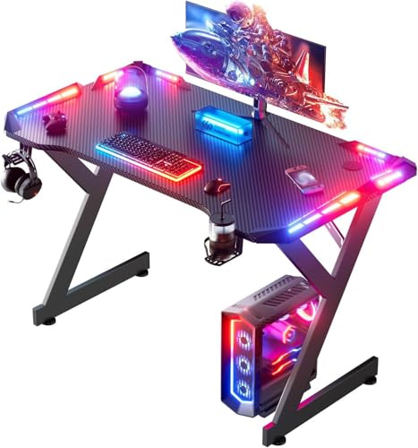 HLDIRECT 40 Inch Gaming Desk with Carbon Fiber Surface & LED Lights, Black