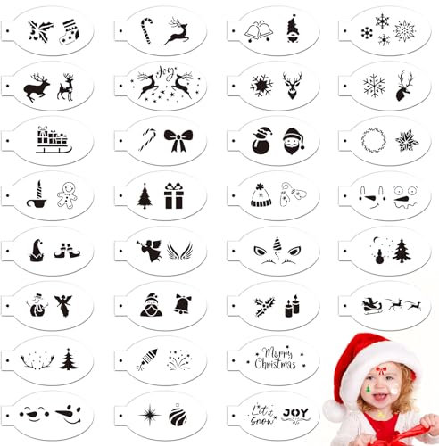 SRIZIAN 30 Stück Weihnachten Schablonen, Wiederverwendbare Gesichtsfarbe Vorlagen, Weihnachtsschablonen Kunststoff Schablone Bastelschablone Schablonen Set für Kinder PartyUrlaub Weihnachten Make-up