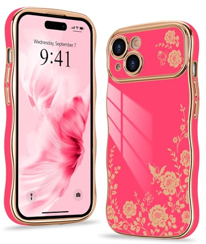 Wirvyuer Kompatibel mit iPhone 13 Hülle Wellen Lockige Form,Rosarot | Handyhülle mit Schmetterling- und Blumenmuster, Galvanische Schutzhülle für Mädchen und Frau, Silikon Flower Case Girls