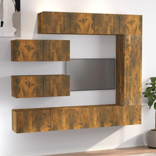 Rantry TV-Möbel-Set 7-teilig Eiche Rauchholz Multischicht TV-Tisch TV-Schrank Wohnzimmer Lowboard für industrielle Wohnzimmer TV Halterung TV