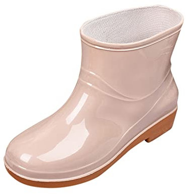 SRTUMEY Stivali di gomma corti da donna, stivali da donna con tacco basso con fibbia e punta centrale, rotondi da pioggia, cachi, 37.5 EU
