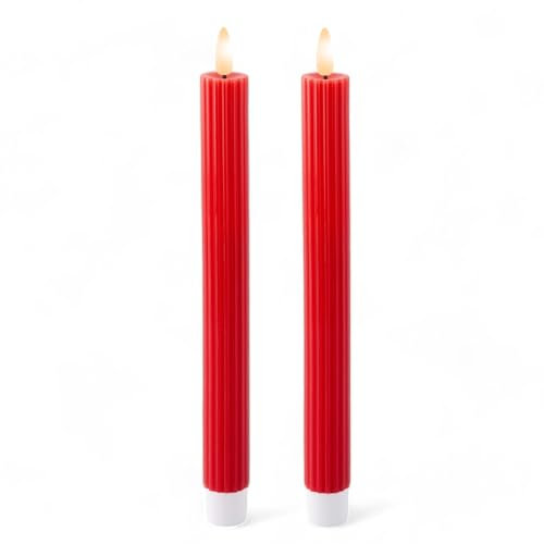 MIJOMA LED-Echtwachskerze mit realistischer Flamme, Timer und batteriebetrieb | Indoor LED-Kerze mit warmweißem Licht | Natürliche Optik (Rot - vertikales Rillenmuster, Ø2cm x 24cm)