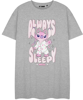 Disney Lilo & Stitch Womens Grey Short Sleeve Nightdress | Stitch Always Sleepy Angel Graphic Tee | Casual Loungewear Theme Sleepwear