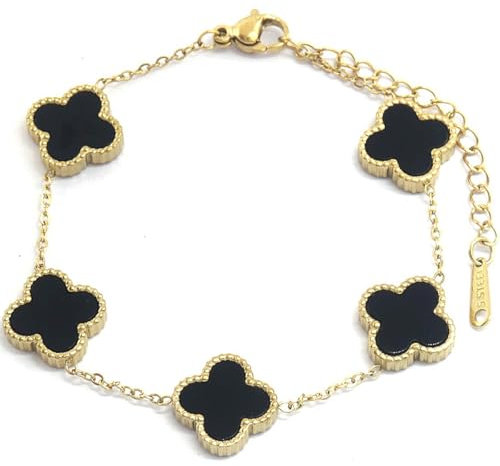 Sanixa Damenarmband Kleeblatt Gold schwarz. Gold Perlmuteinlage in schwarz. Blumen