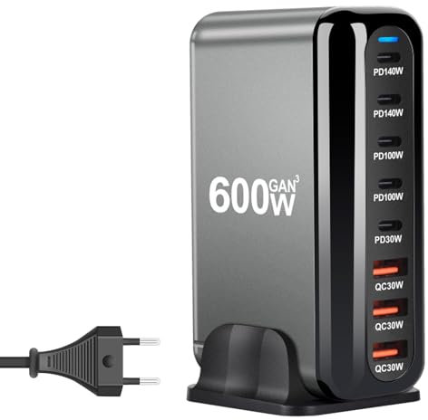 600W USB Ladegerät, 8 Port GaN Schnellladegerät USB Netzteil Mehrfach mit Typ C und Typ A, 140W USB C Laptop Ladegerät für MacBook Air, iPad, iPhone 16 15 14, Dell XPS, Samsung Galaxy S23