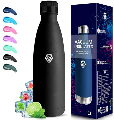 Grsta Gourde- 1l- Gourde Isotherme, Sans BPA, Gourde Inox, 24h Froid & 12h Chaud, Bouteille Isotherme, Anti Fuite, Facile à Transporter, Bouteille d'eau pour Bureau, Gym, Voyage, Camping, Sport, Noir