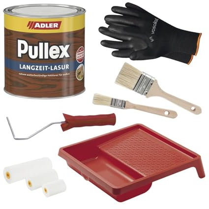 Adler Pullex Langzeit Lasur - Holzlasur Außen Wetterfest - kein Abblättern bei Witterung und Schutz gegen Bläue- und Schimmelbefall - mit 2x Pinsel + Lackroller Set mit Farbwanne, Kiefer 750ml