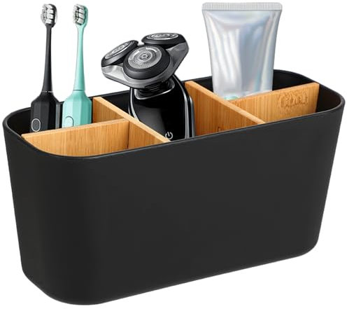FHISKUNYU Organisateur Salle de Bain Noir, Pot Brosse à dent Salle de Bain avec 5 Compartiments, Rangement Salle de Bain pour Brosse à Dents, Dentifrice & Cosmétiques