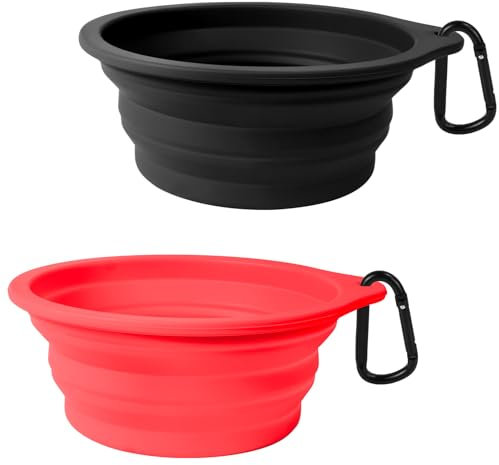 PetBonus 2-Pack Large Silicone Collapsible Dog Bowls, 34oz/1000ml BPA Free Portable Foldable Travel Bowl for Pet Cat, Food Water Feeding Dish for Camping with 2 Carabiners (Black, Red)