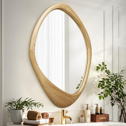 AAZZKANG Grande specchio da parete con cornice in legno irregolare, 70 x 50 cm, specchio decorativo asimmetrico da appendere per bagno, camera da letto, soggiorno, ingresso
