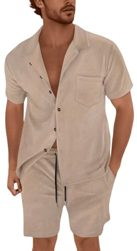 Set di camicia e pantaloncini da uomo, estivo, leggero, con bottoni, a maniche corte, Old Money Clothes da uomo, set da 2 pezzi, tinta unita, per il tempo libero