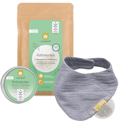 LÖWENKIND Rotznäschen-Set für die Erkältungszeit bei Babys und Kindern | Natürliche Kräuterpads ohne Zusatz ätherischer Öle Ab Geburt anwendbar Von Hebammen empfohlen 75 Tage Anwendung (Grau)
