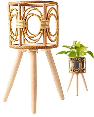 Wood Plant Stands Indoor, Rattan Plant Stand Indoor, Woven Flowers Pot Holder Stool With Legs,Boho Display Rack Plant Shelf For Succulents Indoor Outdoor Balcony Desk Garden Patio Bedroom