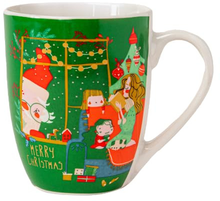 FabFinds Christmas Mug 360ml Festive Ceramic Tea & Coffee Cup with Santa, Elves, Snow Scene & Holiday Ornaments for Hot Chocolate (H 11cm x W 5.5cm) Assorted Merry Christmas Designs (Winter Forest)