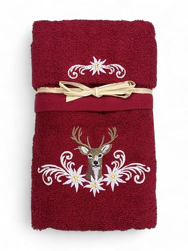 Tex family Handtuch-Set Tiroler Hirsch und Edelsterne Bordeaux – Tirol – Frottee 100 % Baumwolle – Stickerei Made in Italy