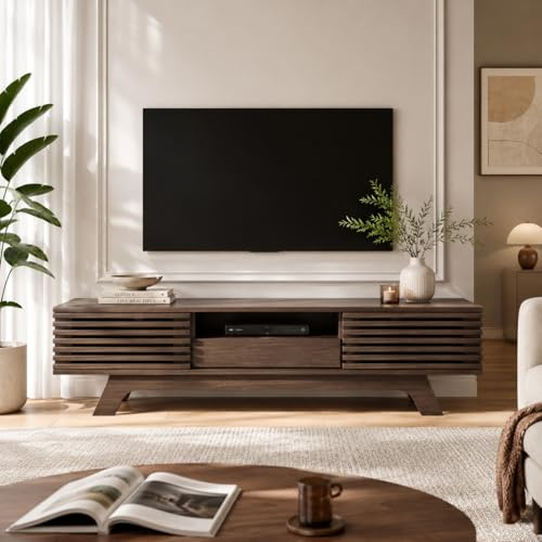 OLIVIBED TV-skåp 150 cm, TV-byrå med 2 dörrar och låda, modernt TV-bord med öppet förvaringsutrymme, lågbord för TV upp till 65 tum, TV-skåp för vardagsrum, träfärg, 150 x 35 x 44 cm