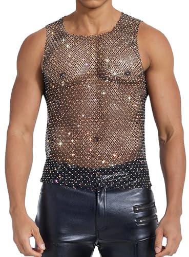 FEOYA Débardeur Strass Homme Glitzer Hemd Oberteil T-Shirt Sexy Transparent Gilet en Résille Brillants Debardeur de Club Disco Party Clubwear Fête Noir XL