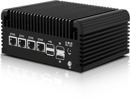 ROUAFWIT Micro Firewall Appliance, Fanless Mini PC N100 4Cores/4Threads, 4x 2.5 GbE i226-V LAN,AES-NI,DDR5 8GB SSD 256GB Router Netzwerk Security USB3.0/Type-C/2HD/Wi-Fi, Triple Display