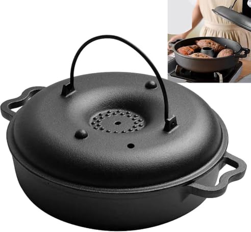 Lawnoval Gusseisen Bräter mit Deckel für Backofen und Outdoor Camping, Runde Grillpfanne für Süßkartoffeln, Hühnerflügel und Gemüse, Schwarz
