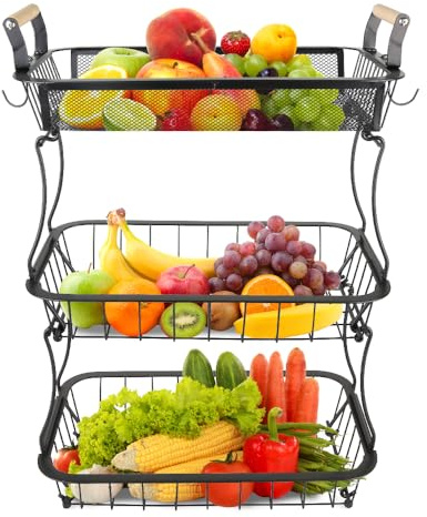 Corbeille à fruits avec 2 cintres bananes pour comptoir de cuisine, comptoir de légumes, support de rangement en fil métallique de grande capacité pour oignons, collation, 37*22*55,5 cm - Noir