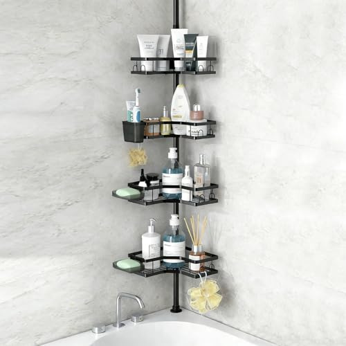 IOUGDSEC Corner Shower Caddy Tension Pole,4-Tier Rustproof Bathroom Organizer Shelves,Adjustable Floor Standing Bath Rack Holder,Waterproof Bathroom Storage Accessories for Bathtub,Black