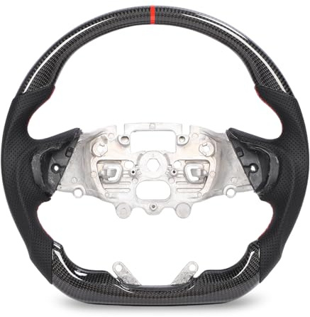 AOWINHIT Volante in Fibra di Carbonio in Pelle Traforata con Fondo Piatto a Forma di D, Volante di Ricambio per Everest 2023+, Nucleo in Lega di Alluminio, Cuciture Rosse