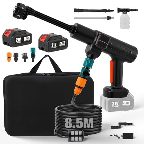Akku Hochdruckreiniger, 83 Bar Mobile Akku-Hochdruckreiniger mit 2 * 4000mAh Akku,Tragbarer Hochdruckreiniger 6-in-1 verstellbare Düse, 8.5M Schlauch for Auto/Garten (83 Bar Inklusive 2 Akkus)