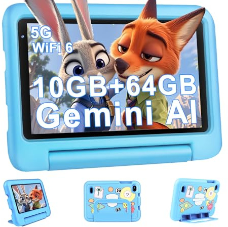 AI Tablet per Bambini Andorid OS Tablets 7 Pollici 10GB RAM + 64GB ROM (TF 1TB), 5G WiFi 6, BT5.0, 8-Core, Controllo Parentale | Doppia Fotocamera | GMS Certificated | GPS | Tablet con Custodia - Blu