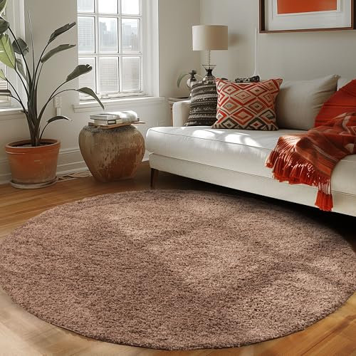 Runder Teppich Wohnzimmer Hochflor Einfarbiges Design Langflor Shaggy Modern Flauschig, Farbe: Mokka, Größe: 200 cm Rund