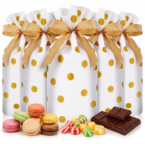 Frienda 30 Pack Gold Polka Dot Treat Bags with Drawstring Plastic Candy Bag Drawstring Cookie Sack for Christmas Wedding Party Birthday Engagement Holiday Favor