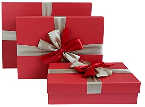 Emartbuy Set of 3 Gift Box, Red Box with Lid, Brown Interior and Gold Red Satin Ribbon